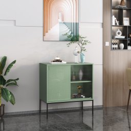 Bufet living verde Eidsvoll cu usa glisanta, 80x45x85 cm