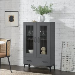 Vitrina living gri închis cu 2 usi din sticla si sertar, 70x31x115 cm
