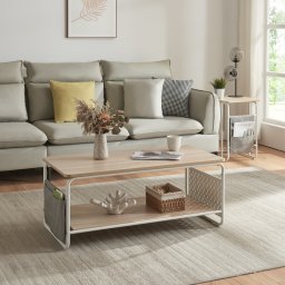 Masa de cafea Dyrøy alb/stejar 100x50x43 cm cu polita si buzunar textil