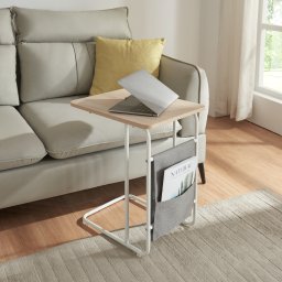 Masa pentru laptop Dyrøy 56x48x37 cm alb/stejar, cu buzunar lateral