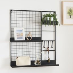 Panou grilaj de perete cu rafturi si carlige, metal negru, 70x60x11 cm