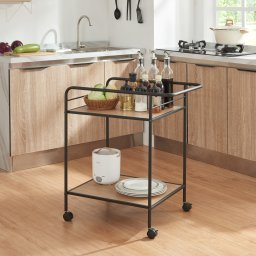 Carucior de servire cu 2 polite, roti si aspect stejar-negru