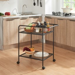 Carucior de servire negru cu 2 polite si roti, model Hole