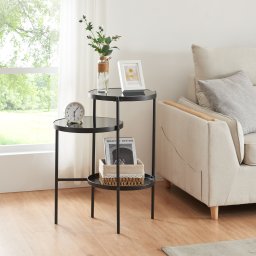 Masa laterala Mölndal cu 3 rafturi, sticla securizata si metal, negru