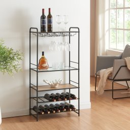 Raft pentru vin Hustadvika cu suport pahare, negru/stejar, 120x61x33 cm