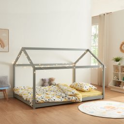 Pat copii tip casuta Cerro 120x200 cm gri din lemn