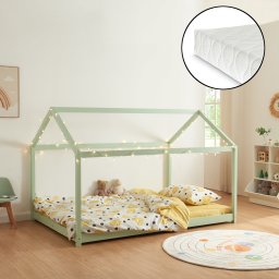 Pat copii tip casuta Cerro cu saltea 120x200 cm, verde menta