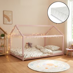 Pat copii tip casuta roz 120x200 cm cu saltea inclusa, din lemn