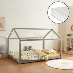 Pat copii tip casuta Cerro 140x200 cm gri cu saltea inclusa