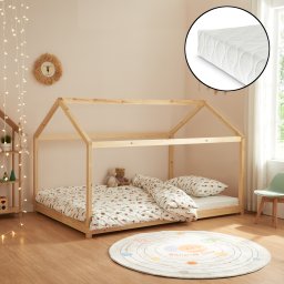 Pat copii tip casuta Cerro 140x200 cm cu saltea, lemn natur