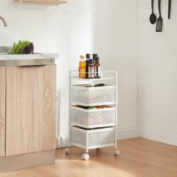 Carucior de bucatarie cu 3 niveluri si roti, alb, 64,5x27x27 cm
