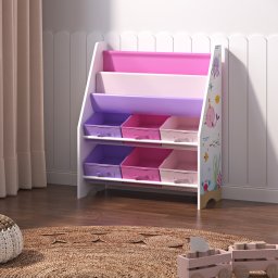 Biblioteca pentru copii cu 6 cutii, model ocean, alb/roz/lila