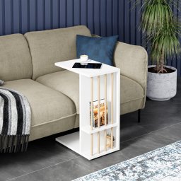 Masa laterala pentru laptop Siikainen, alba, cu roti si rafturi 65x44x29 cm