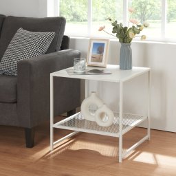 Masa laterala Ruokolahti alb mat cu polita metalica, 51x51 cm