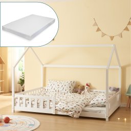 Pat copii tip casuta Hesel 140x200 cm, alb, cu saltea si protectie