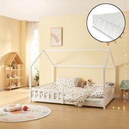 Pat copii tip casuta Hesel 120x200 cm, alb, cu saltea si protectie