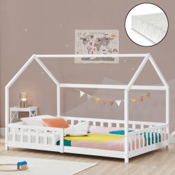 Pat copii tip casuta Hesel 90x200 cm cu saltea si protectie, alb