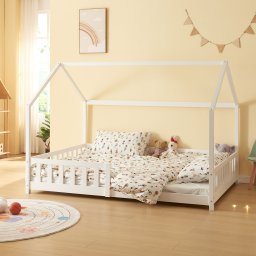 Pat copii tip casuta 140x200 cm alb, cu protectie anticadere