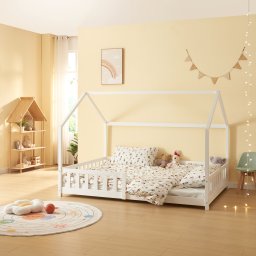 Pat copii tip casuta Hesel 120x200 cm alb, cu protectie anti-cadere