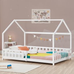 Pat copii tip casuta Hesel cu protectie anti-cadere 90x200 cm, alb