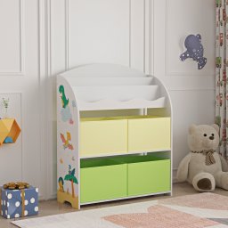 Biblioteca pentru copii Orust cu 4 cutii depozitare si model dinozauri
