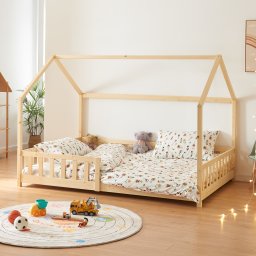 Pat copii tip casuta 120x200 cm din lemn, cu protectie anti-cadere