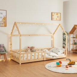 Pat copii tip casuta Hesel 90x200 cm din lemn, cu protectie