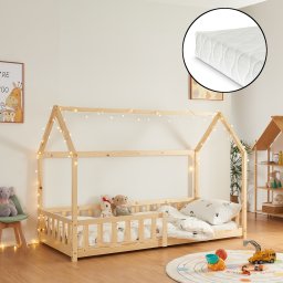 Pat copii tip casuta 90x200 cm din lemn, cu saltea si protectie