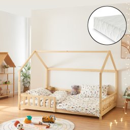 Pat copii tip casuta Hesel 120x200 cm cu saltea si protectie