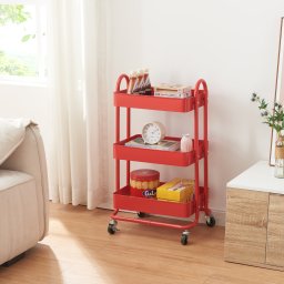 Carucior de bucatarie cu 3 rafturi si roti, rosu, en.casa