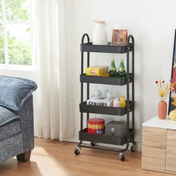 Carucior de bucatarie cu 4 rafturi pe roti, negru mat, en.casa