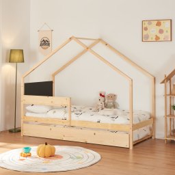 Pat copii tip casuta 90x200 cm cu pat extensibil, lemn de pin natur