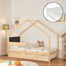 Pat copii tip casuta Sodankylä 90x200 cm cu pat extensibil si 2 saltele