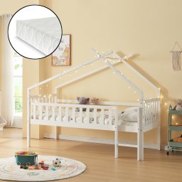 Pat copii tip casuta Sotkamo 90x200 cm cu saltea si protectie, alb