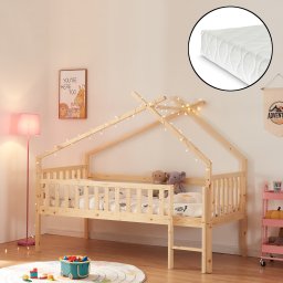 Pat copii tip casuta Sotkamo 90x200 cm cu saltea si protectie anti-cadere