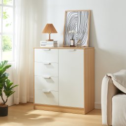 Comoda Varkaus cu 4 sertare si dulap, stejar/alb, 90x80x40 cm