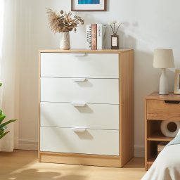 Comoda Varkaus cu 4 sertare, stejar deschis si alb, 90x70x40 cm