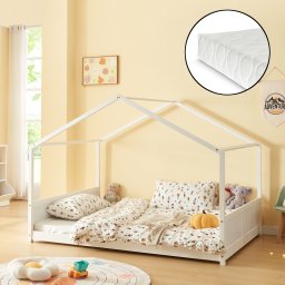 Pat copii tip casuta Simo 140x200 cm alb, cu saltea inclusa