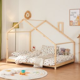 Pat copii tip casuta Siuntio 140x200 cm din lemn de pin natur