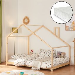 Pat casuta pentru copii din lemn natur 140x200 cm cu saltea
