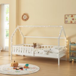 Pat copii tip casuta Ydre 90x200 cm alb, din lemn de pin