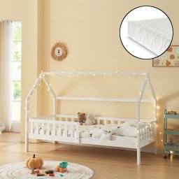 Pat copii tip casuta Ydre 90x200 cm cu saltea, alb, lemn de pin