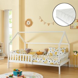 Pat casuta pentru copii cu saltea 120x200 cm, alb, din lemn de pin