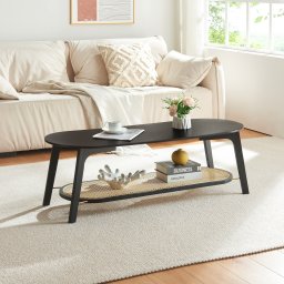 Masa de cafea Taivalkoski 120x43x40 cm negru cu polita ratan