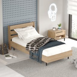 Pat single Vesanto 100x200 cm, aspect stejar, cu somiera inclusa