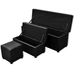Set bancheta depozitare, piele eco, taburet pt. picioare, negru, 3 buc GartenMobel Dekor