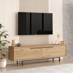 Comoda TV Urejovle, aspect stejar, 160 cm, cu 2 usi si cadru metalic