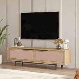 Comoda TV Kvænangen cu 2 usi, aspect stejar si rattan, 160 cm
