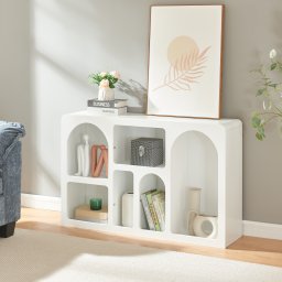 Comoda tip sideboard alba cu 6 compartimente deschise, 110x30x70 cm
