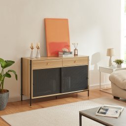 Comoda TV Tysnes 120x40x75 cm, stejar si negru, cu usi glisante